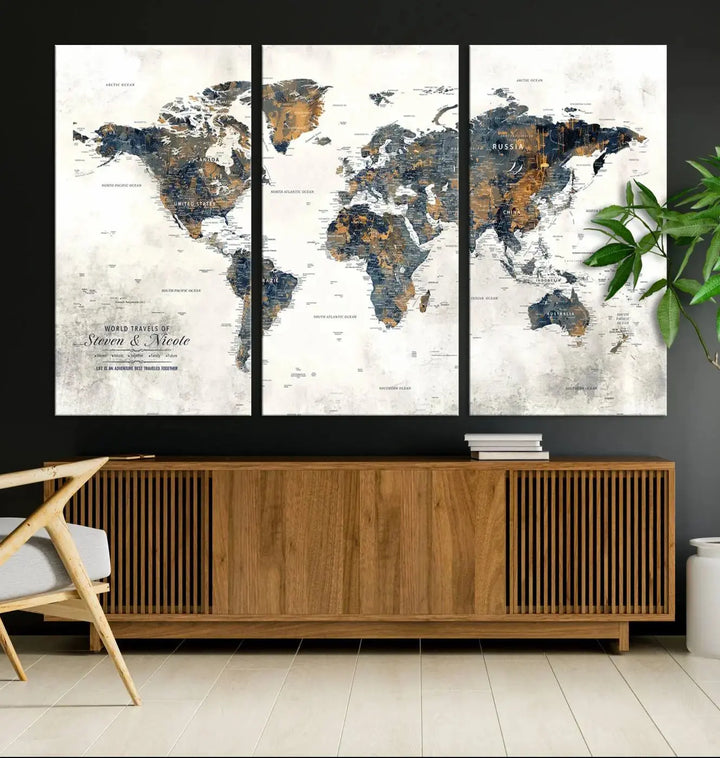 A smiling woman proudly holds the Personalized Push Pin Map Wall Art Print - Detailed Custom World Map Canvas Print in front of a white wall, perfect for travel enthusiasts eager to mark their adventures.