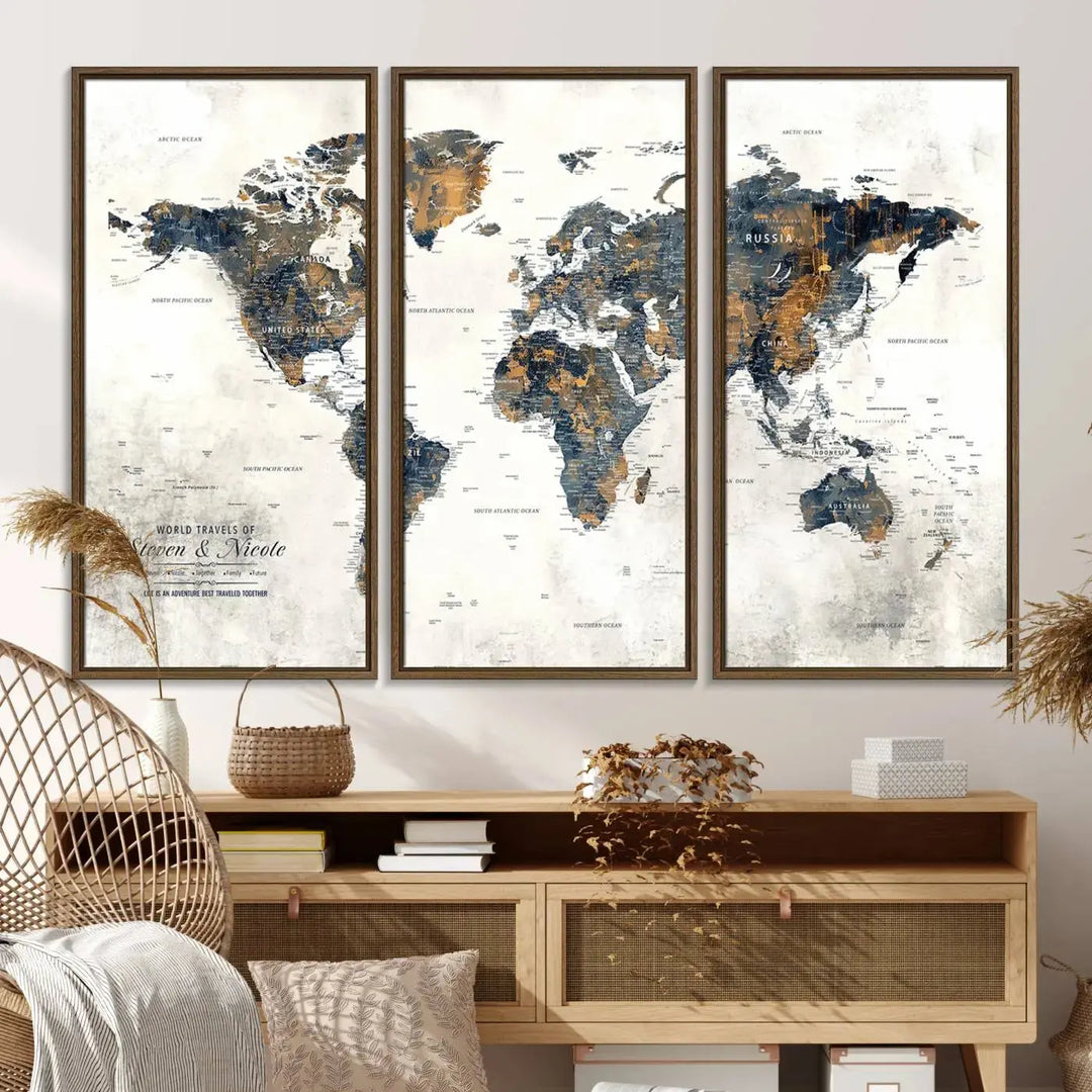 A smiling woman proudly holds the Personalized Push Pin Map Wall Art Print - Detailed Custom World Map Canvas Print in front of a white wall, perfect for travel enthusiasts eager to mark their adventures.