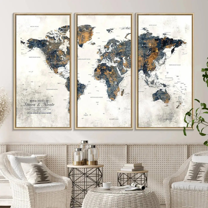 A smiling woman proudly holds the Personalized Push Pin Map Wall Art Print - Detailed Custom World Map Canvas Print in front of a white wall, perfect for travel enthusiasts eager to mark their adventures.