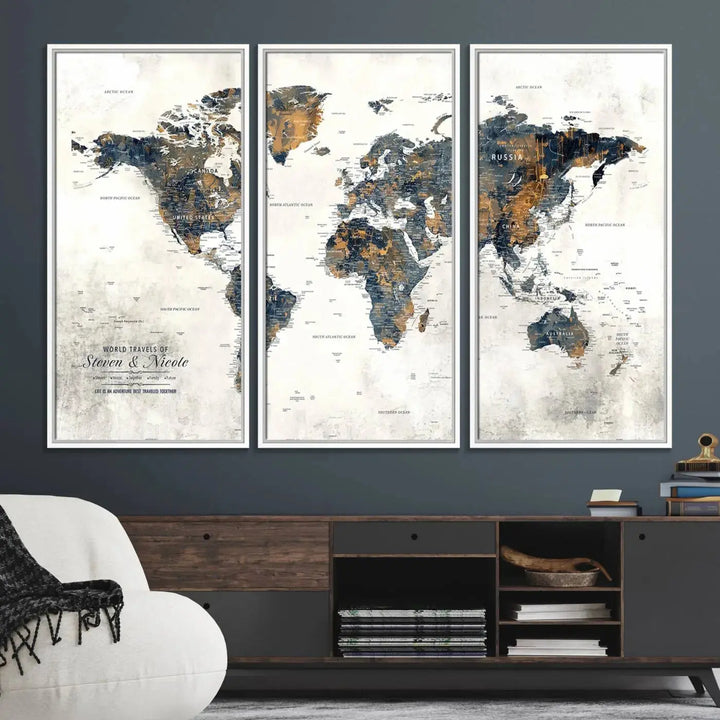 A smiling woman proudly holds the Personalized Push Pin Map Wall Art Print - Detailed Custom World Map Canvas Print in front of a white wall, perfect for travel enthusiasts eager to mark their adventures.