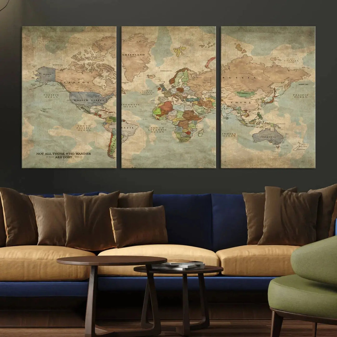 A Personalized World Map Canvas Print—a customized wall art map print—is displayed in front of a wooden wall, adding a touch of personalized home decor to the setting.