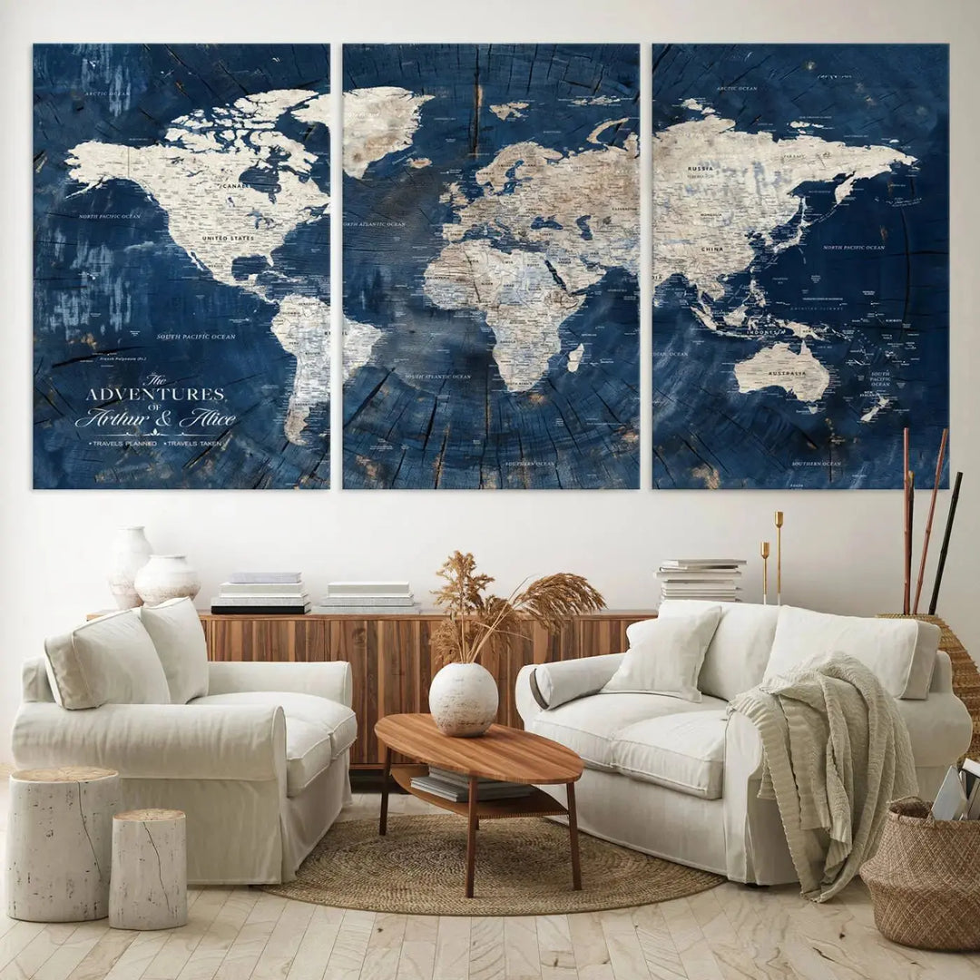 A woman smiles while holding a Personalized World Map Wall Art Print, featuring a custom design with a blue background, elegantly framed.