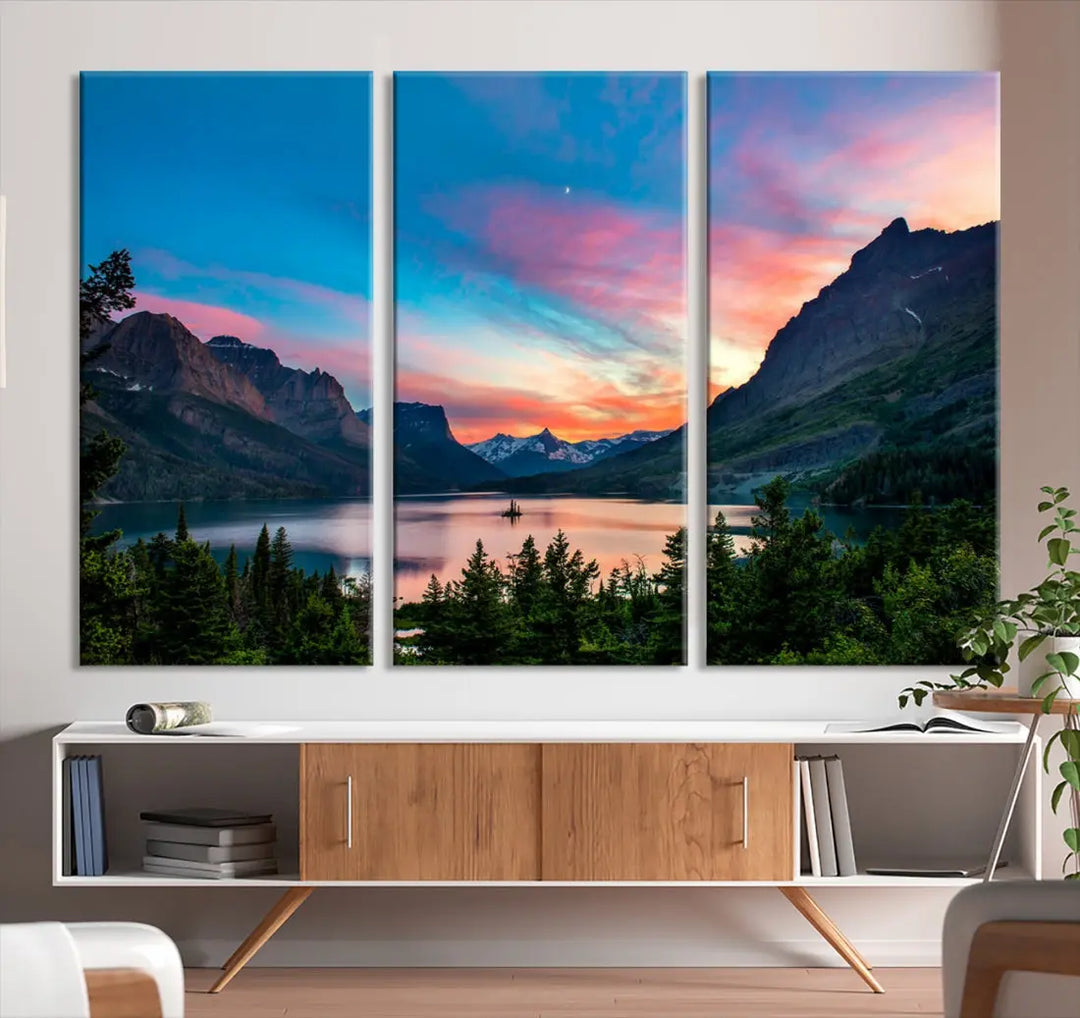 Pink Sky Lake Mountain Sunset Wall Art Canvas Print