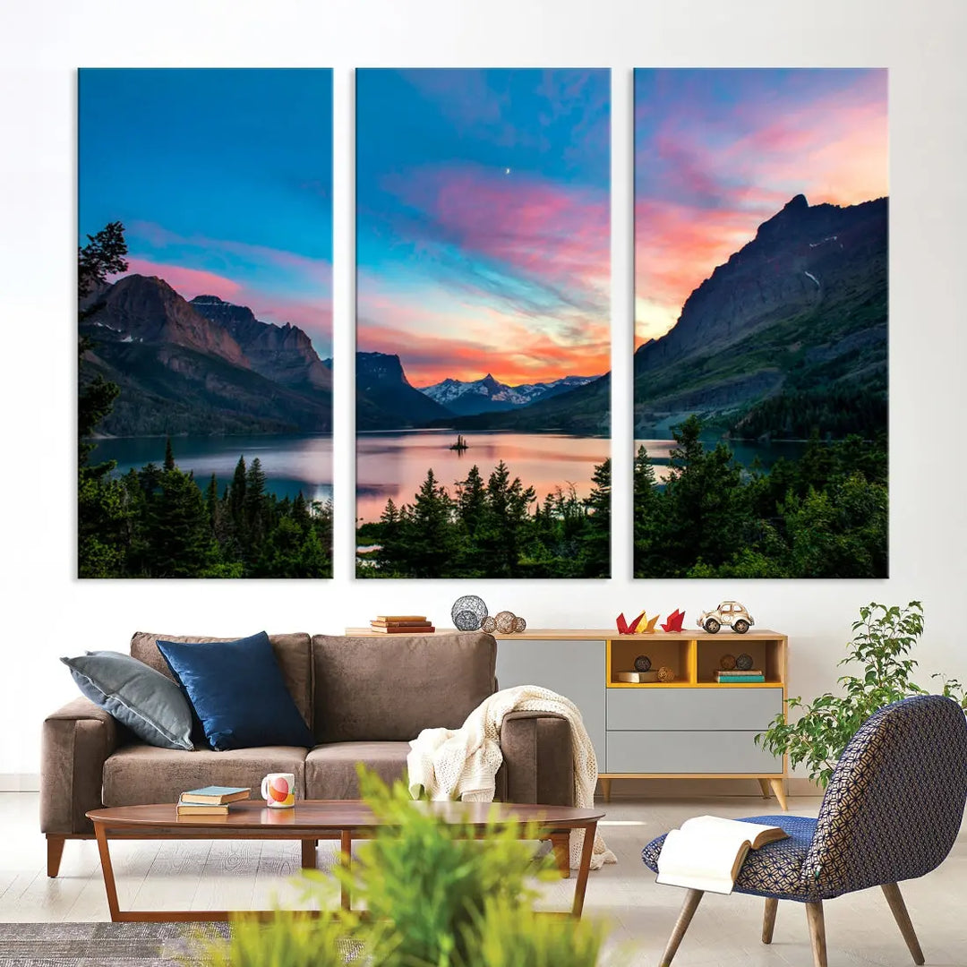 Pink Sky Lake Mountain Sunset Wall Art Canvas Print