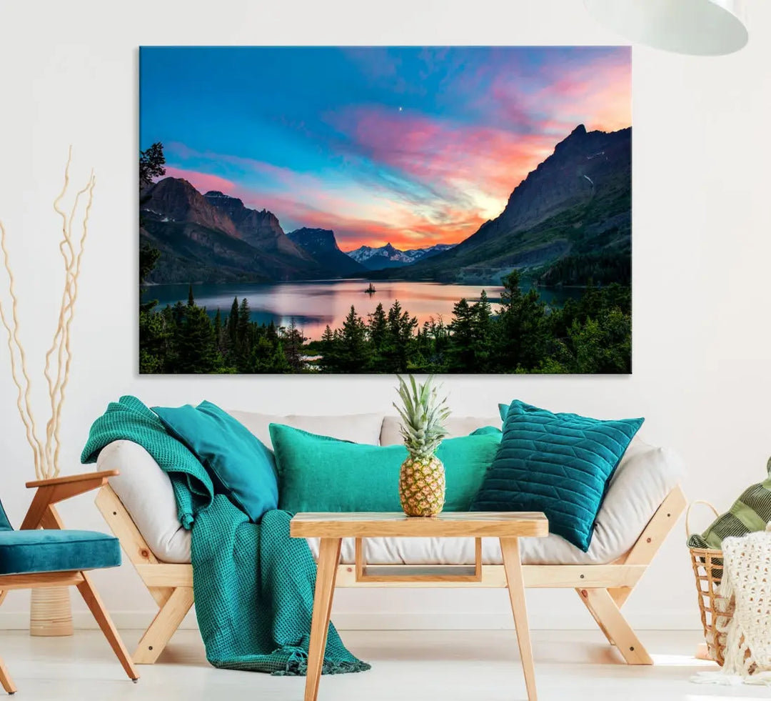 Pink Sky Lake Mountain Sunset Wall Art Canvas Print