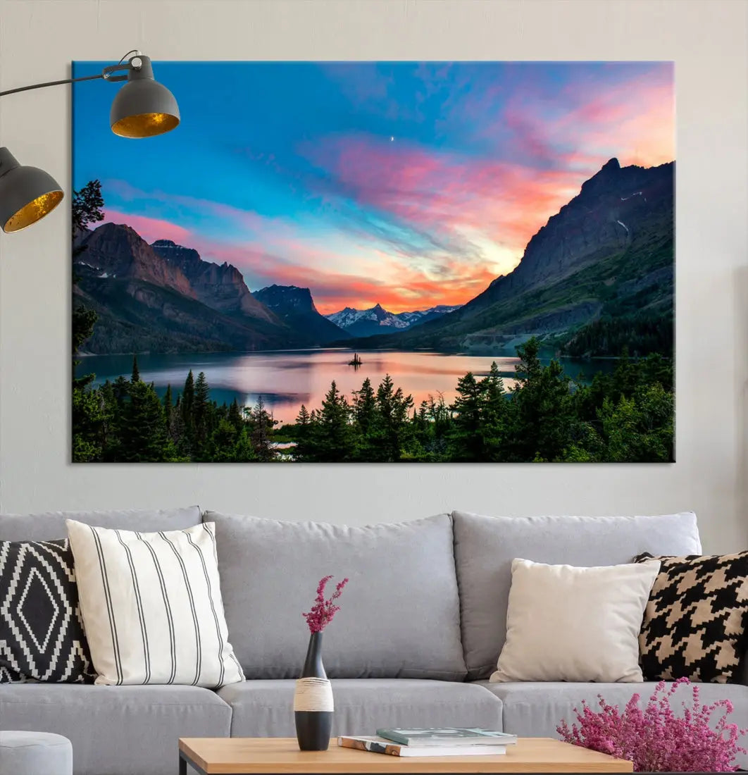 Pink Sky Lake Mountain Sunset Wall Art Canvas Print