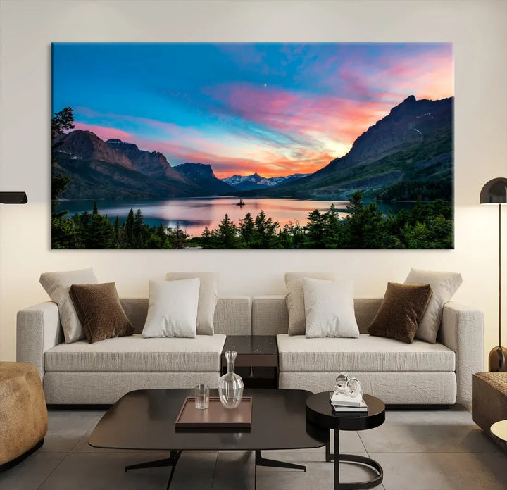 Pink Sky Lake Mountain Sunset Wall Art Canvas Print