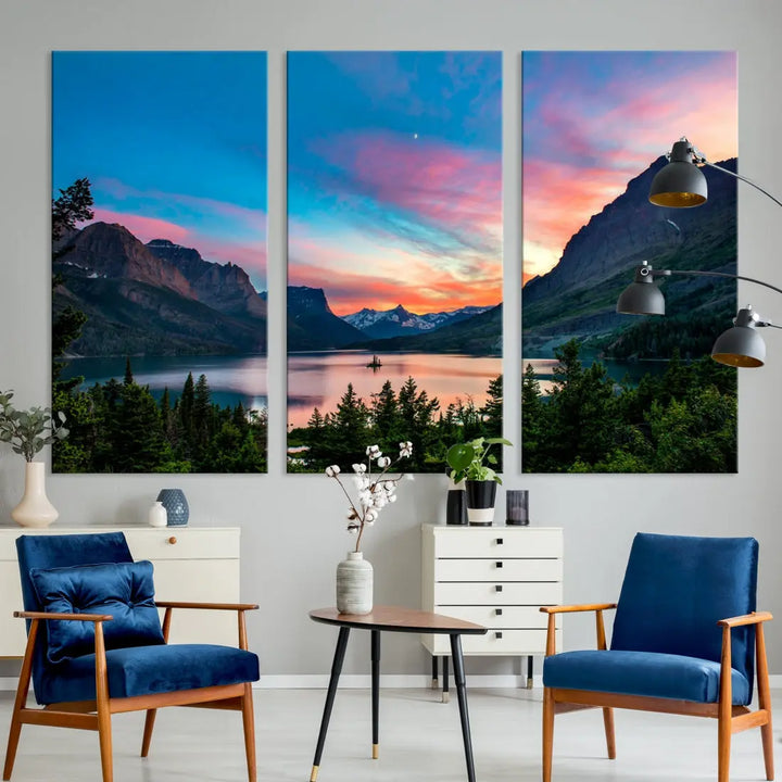 Pink Sky Lake Mountain Sunset Wall Art Canvas Print