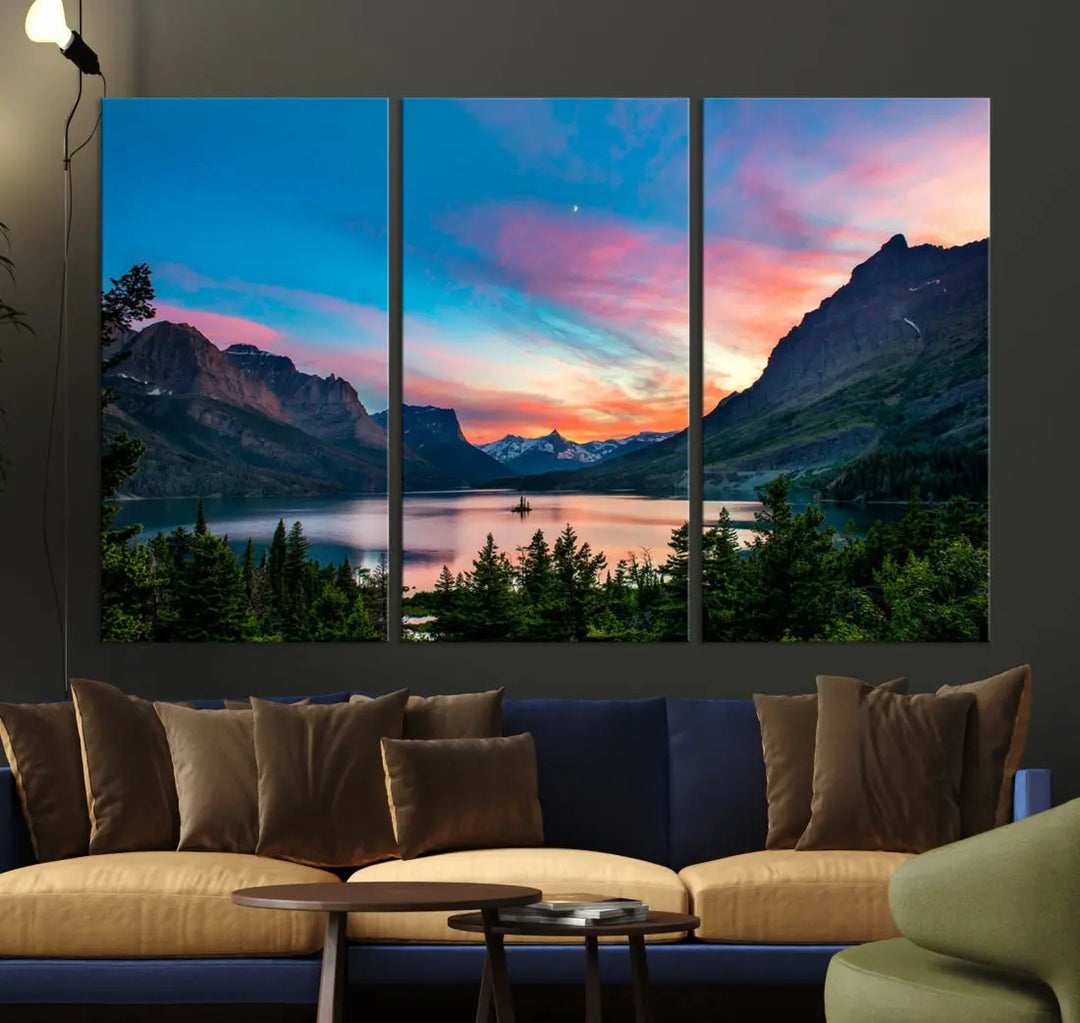 Pink Sky Lake Mountain Sunset Wall Art Canvas Print