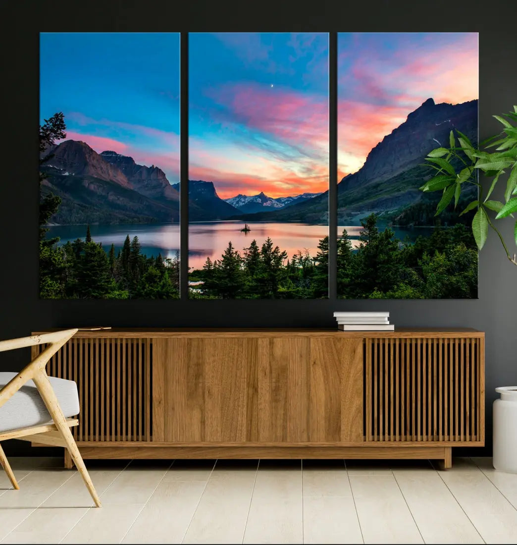 Pink Sky Lake Mountain Sunset Wall Art Canvas Print