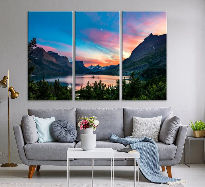 Pink Sky Lake Mountain Sunset Wall Art Canvas Print