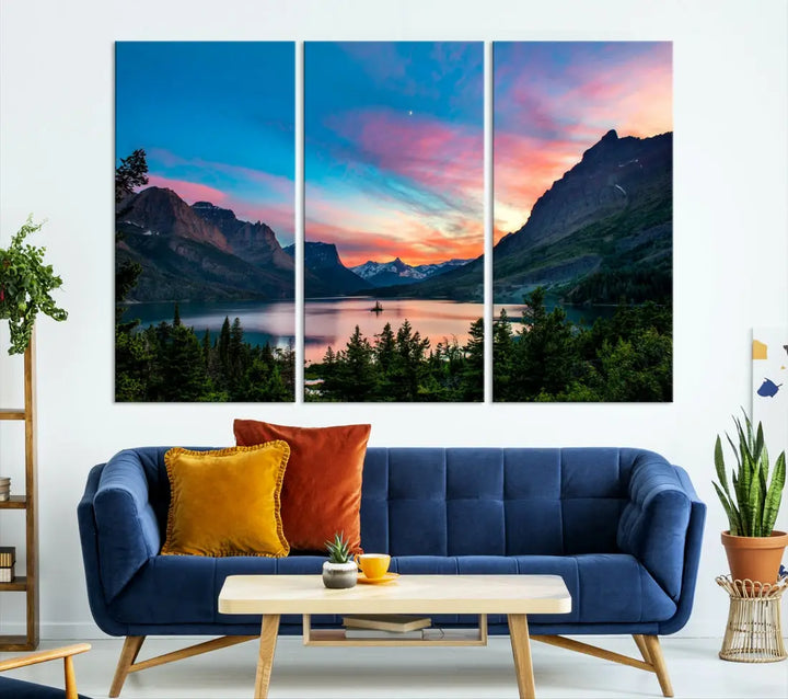 Pink Sky Lake Mountain Sunset Wall Art Canvas Print