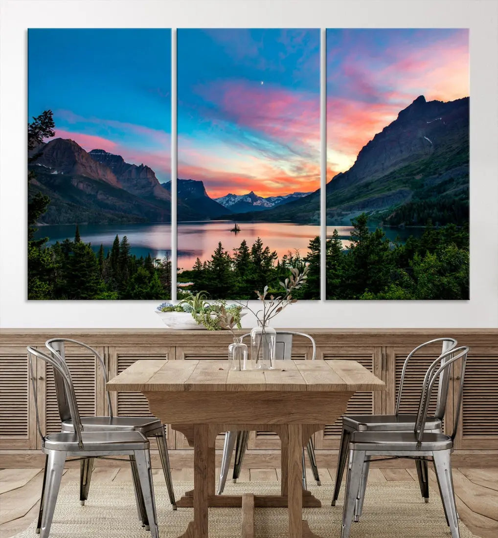 Pink Sky Lake Mountain Sunset Wall Art Canvas Print