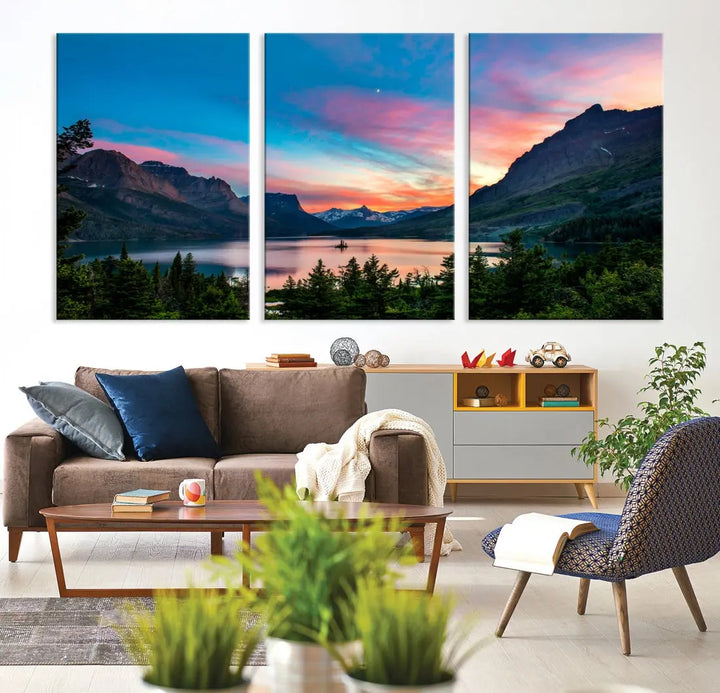 Pink Sky Lake Mountain Sunset Wall Art Canvas Print