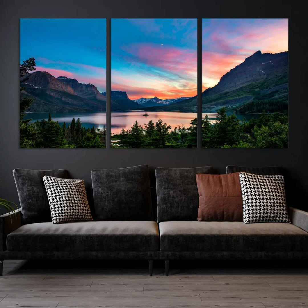 Pink Sky Lake Mountain Sunset Wall Art Canvas Print