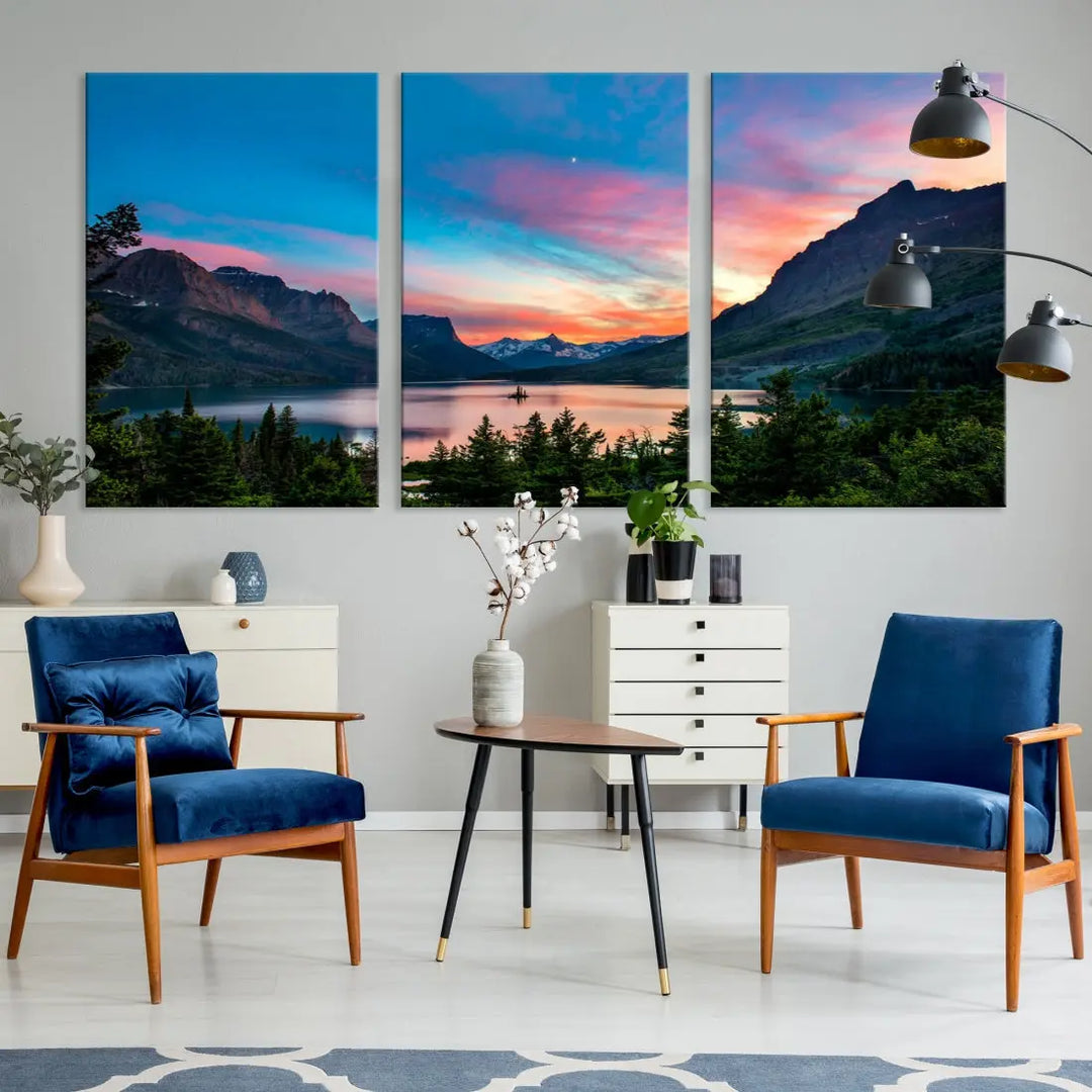 Pink Sky Lake Mountain Sunset Wall Art Canvas Print