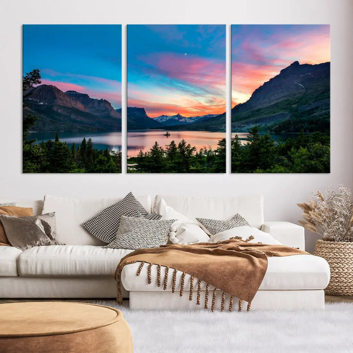 Pink Sky Lake Mountain Sunset Wall Art Canvas Print