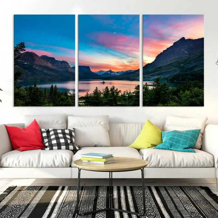 Pink Sky Lake Mountain Sunset Wall Art Canvas Print