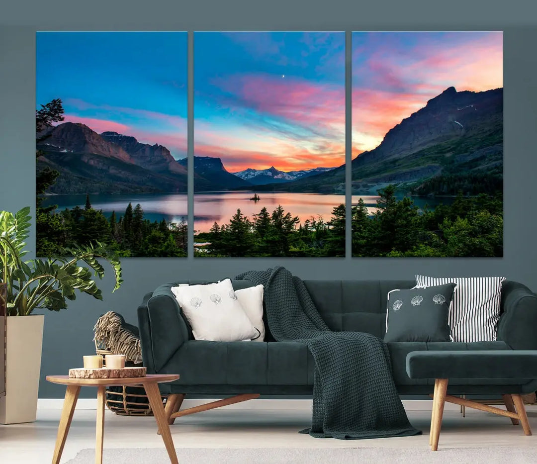 Pink Sky Lake Mountain Sunset Wall Art Canvas Print