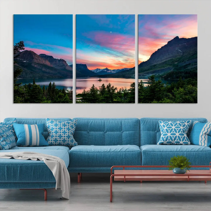 Pink Sky Lake Mountain Sunset Wall Art Canvas Print