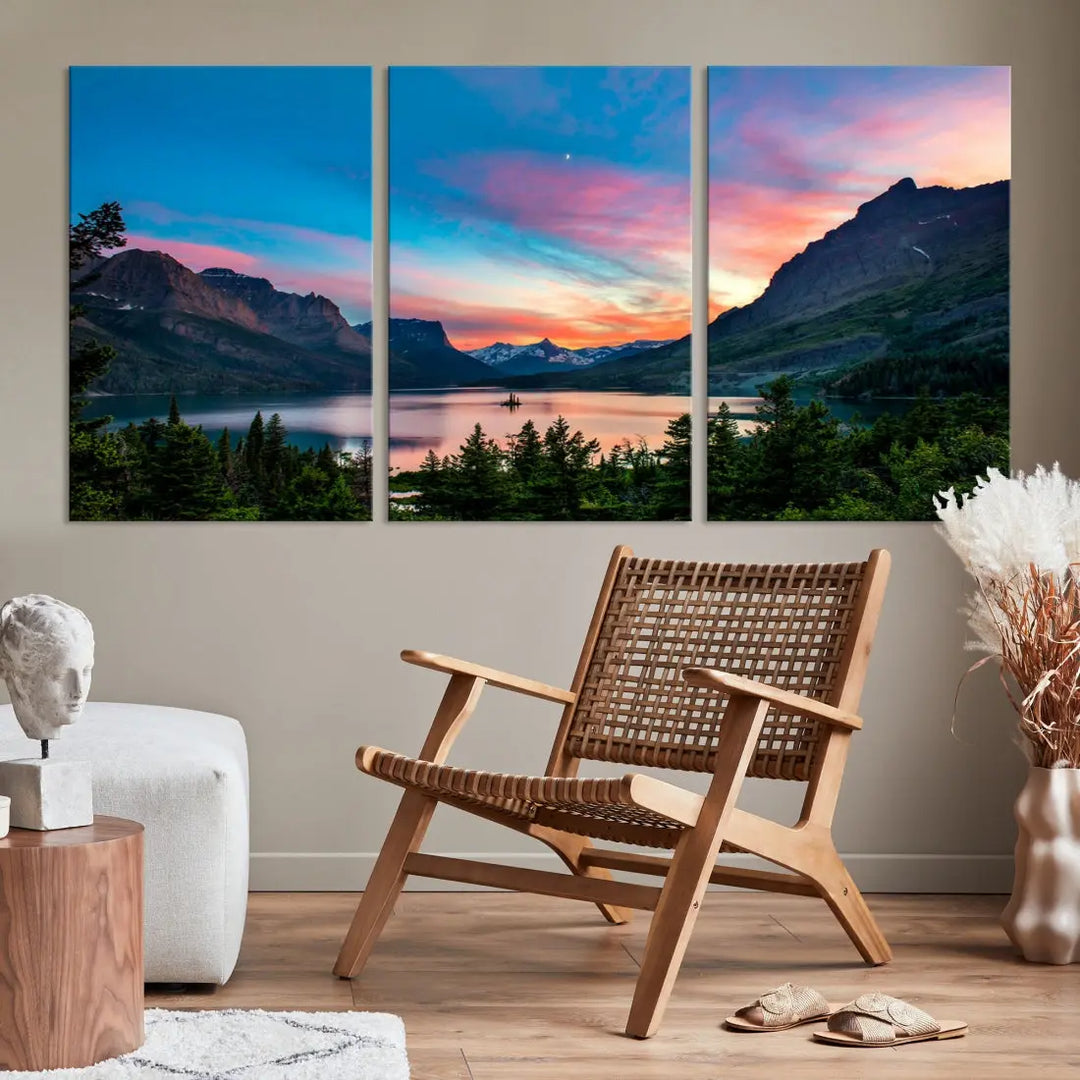 Pink Sky Lake Mountain Sunset Wall Art Canvas Print