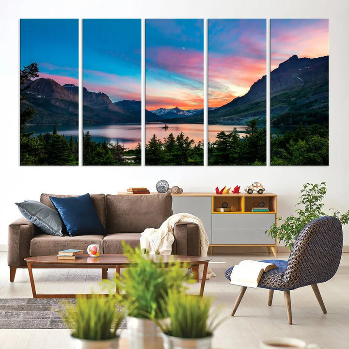 Pink Sky Lake Mountain Sunset Wall Art Canvas Print