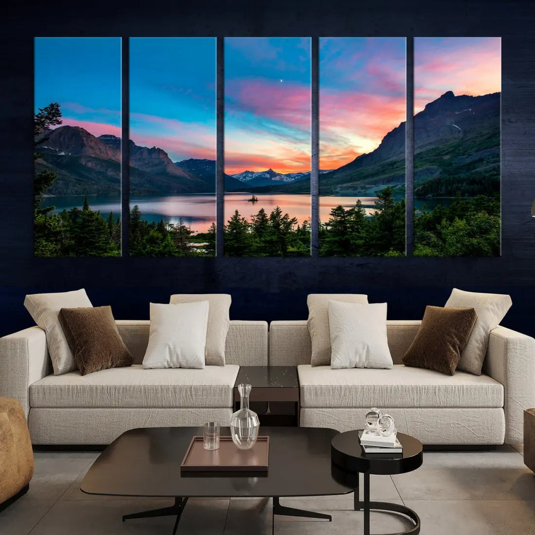 Pink Sky Lake Mountain Sunset Wall Art Canvas Print