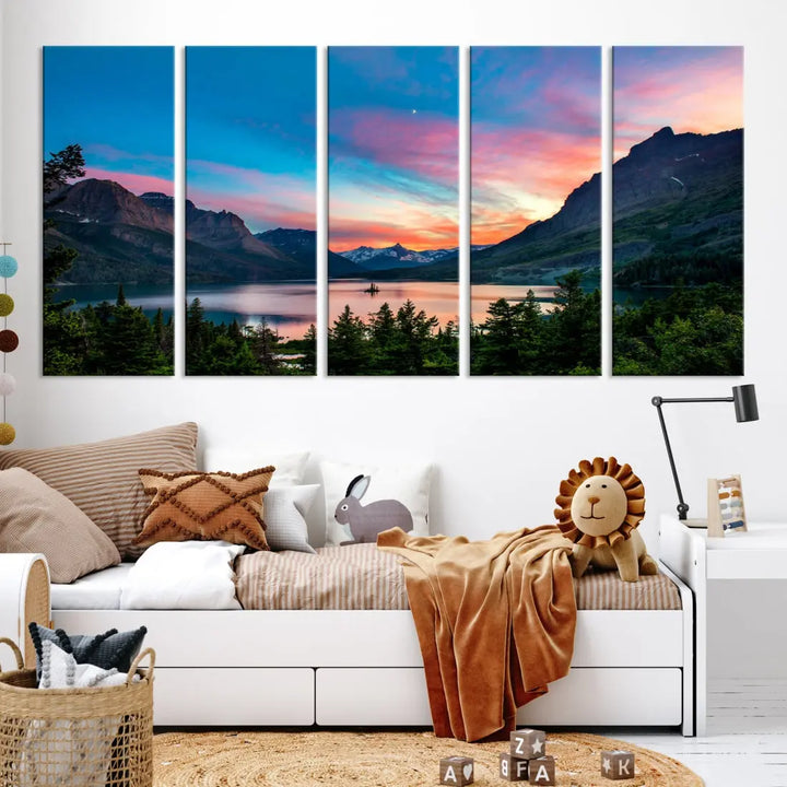 Pink Sky Lake Mountain Sunset Wall Art Canvas Print