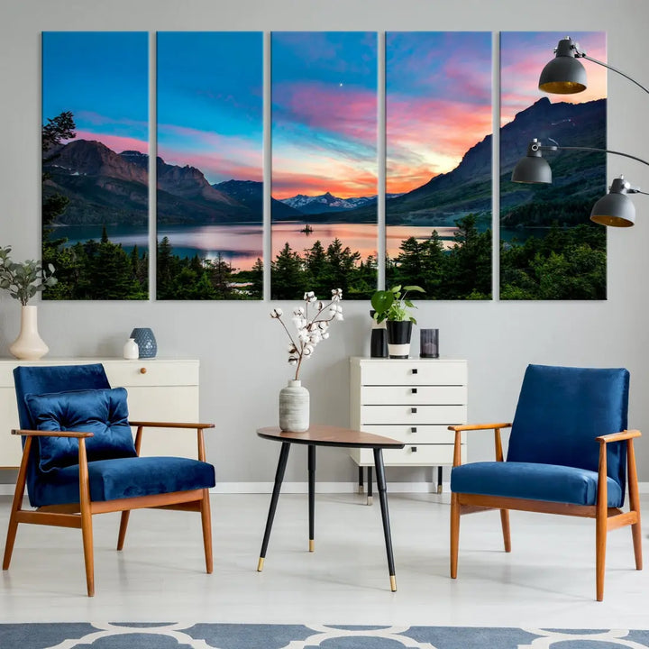 Pink Sky Lake Mountain Sunset Wall Art Canvas Print