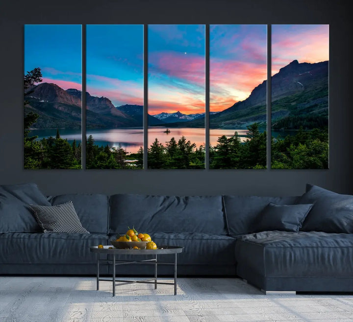 Pink Sky Lake Mountain Sunset Wall Art Canvas Print