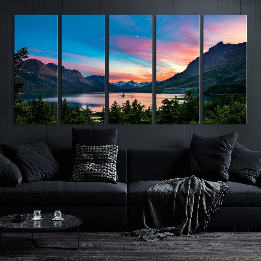 Pink Sky Lake Mountain Sunset Wall Art Canvas Print