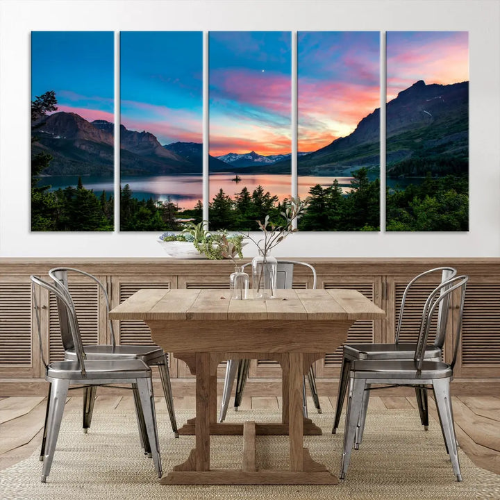 Pink Sky Lake Mountain Sunset Wall Art Canvas Print