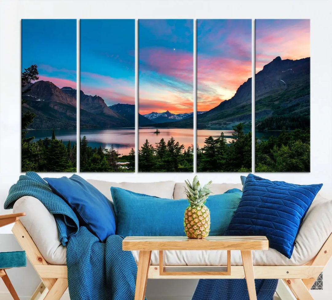 Pink Sky Lake Mountain Sunset Wall Art Canvas Print