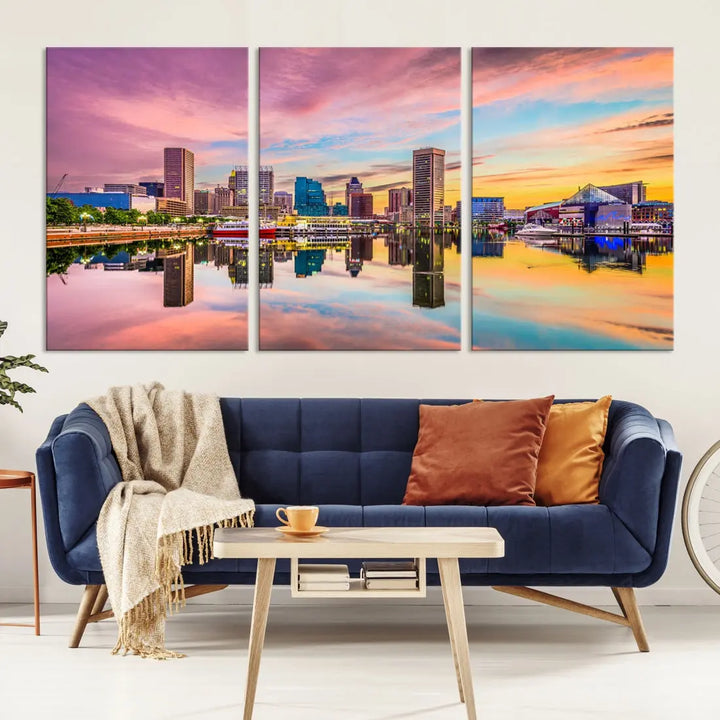 Pink Sunset over Baltimore Downtown Skyline Wall Art Print Canvas Decor