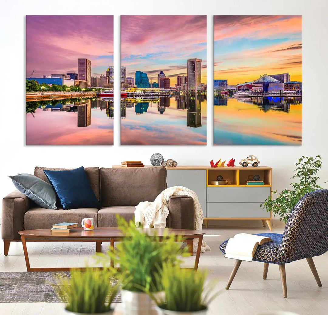 Pink Sunset over Baltimore Downtown Skyline Wall Art Print Canvas Decor