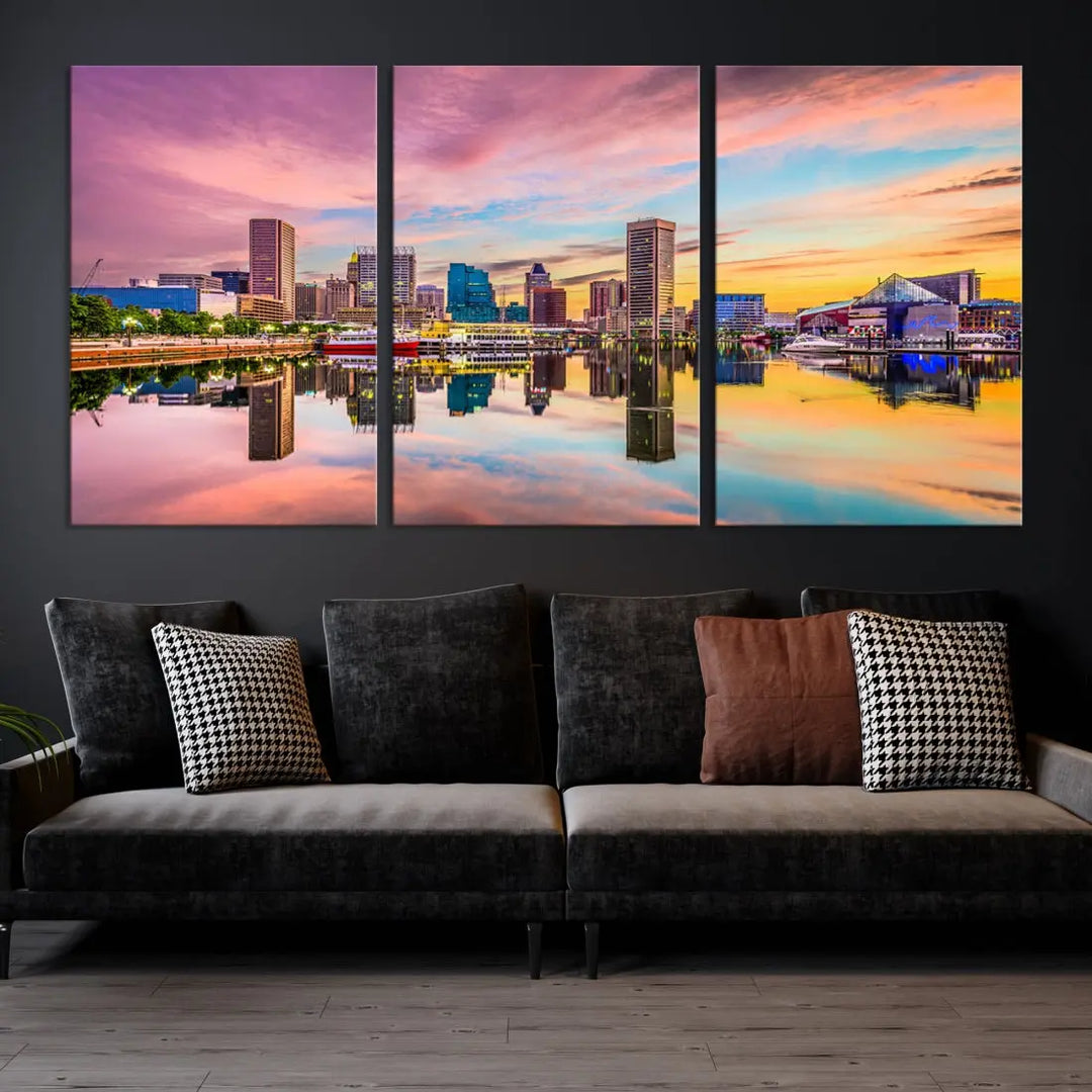 Pink Sunset over Baltimore Downtown Skyline Wall Art Print Canvas Decor