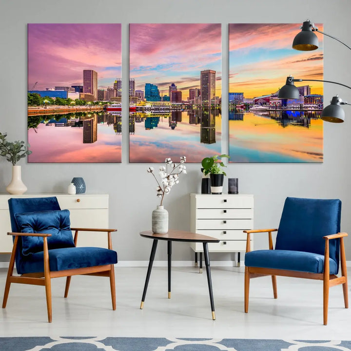 Pink Sunset over Baltimore Downtown Skyline Wall Art Print Canvas Decor