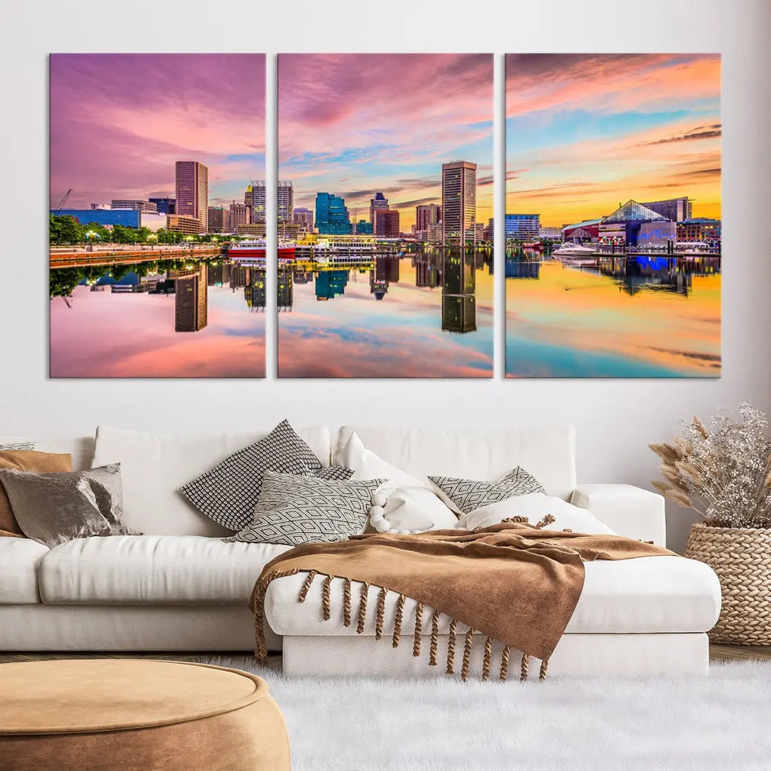 Pink Sunset over Baltimore Downtown Skyline Wall Art Print Canvas Decor