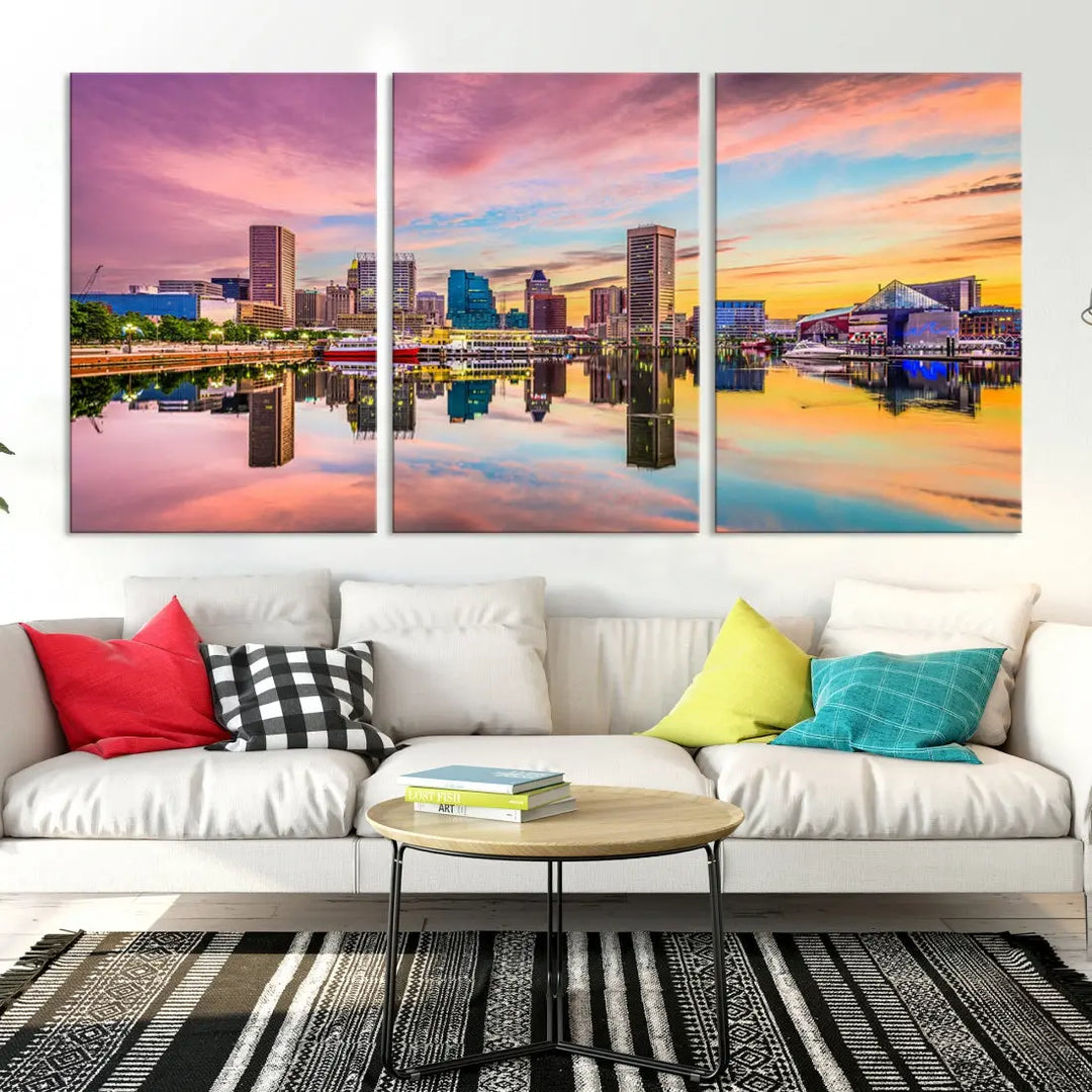 Pink Sunset over Baltimore Downtown Skyline Wall Art Print Canvas Decor