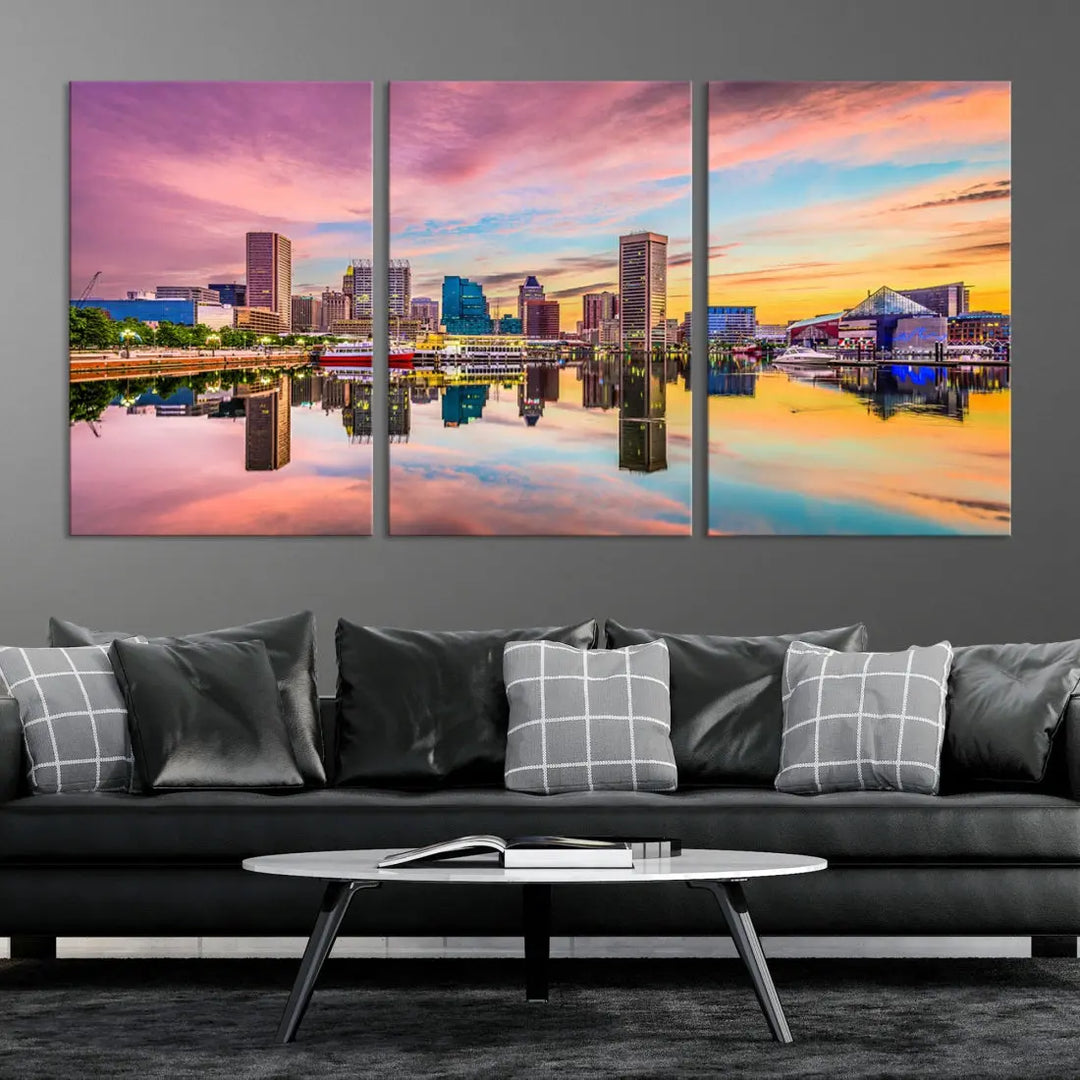 Pink Sunset over Baltimore Downtown Skyline Wall Art Print Canvas Decor