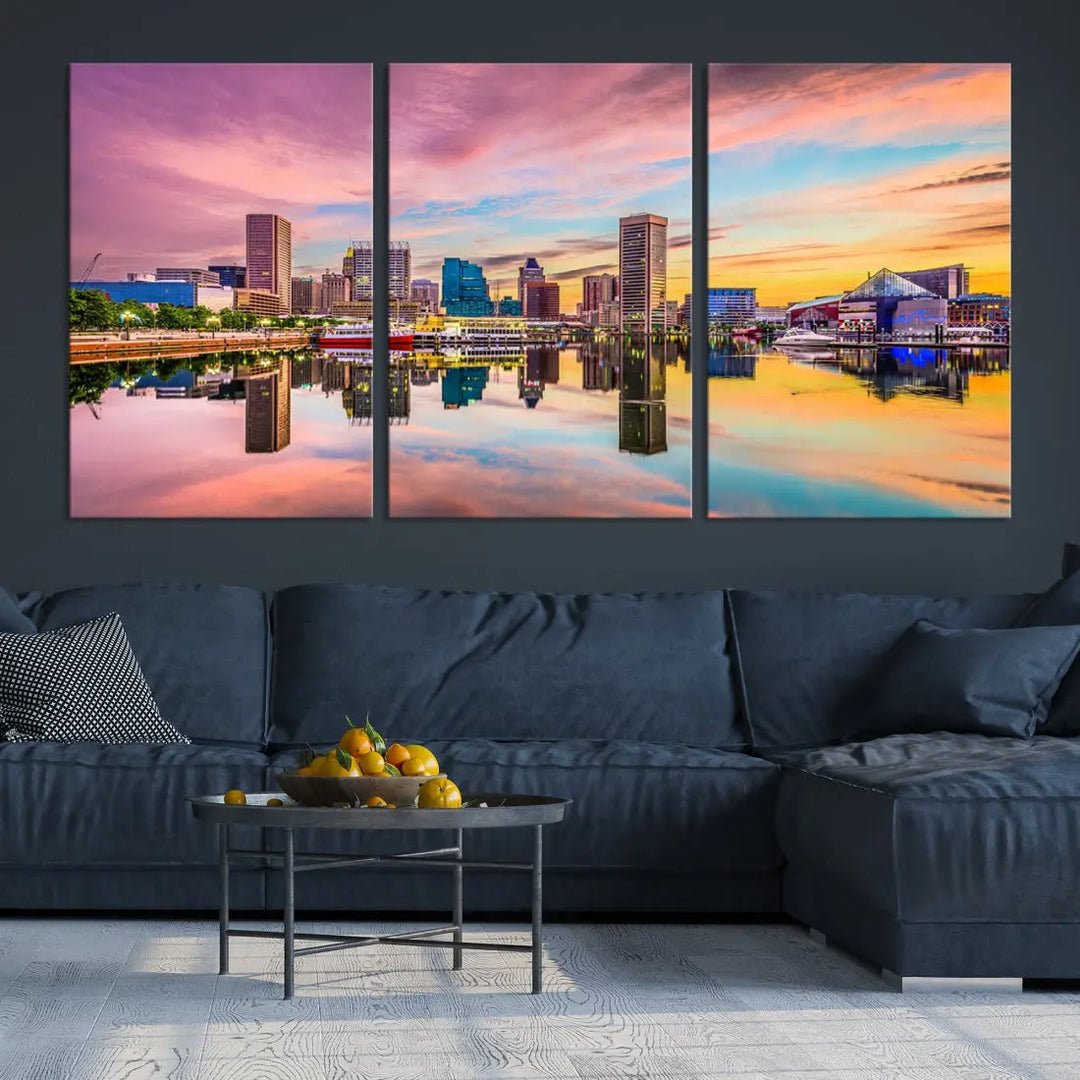 Pink Sunset over Baltimore Downtown Skyline Wall Art Print Canvas Decor