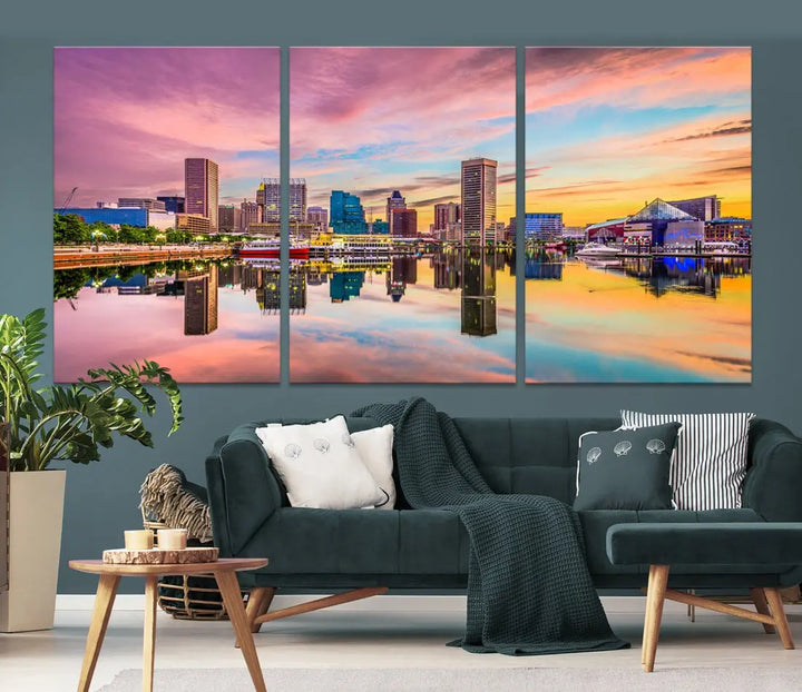 Pink Sunset over Baltimore Downtown Skyline Wall Art Print Canvas Decor