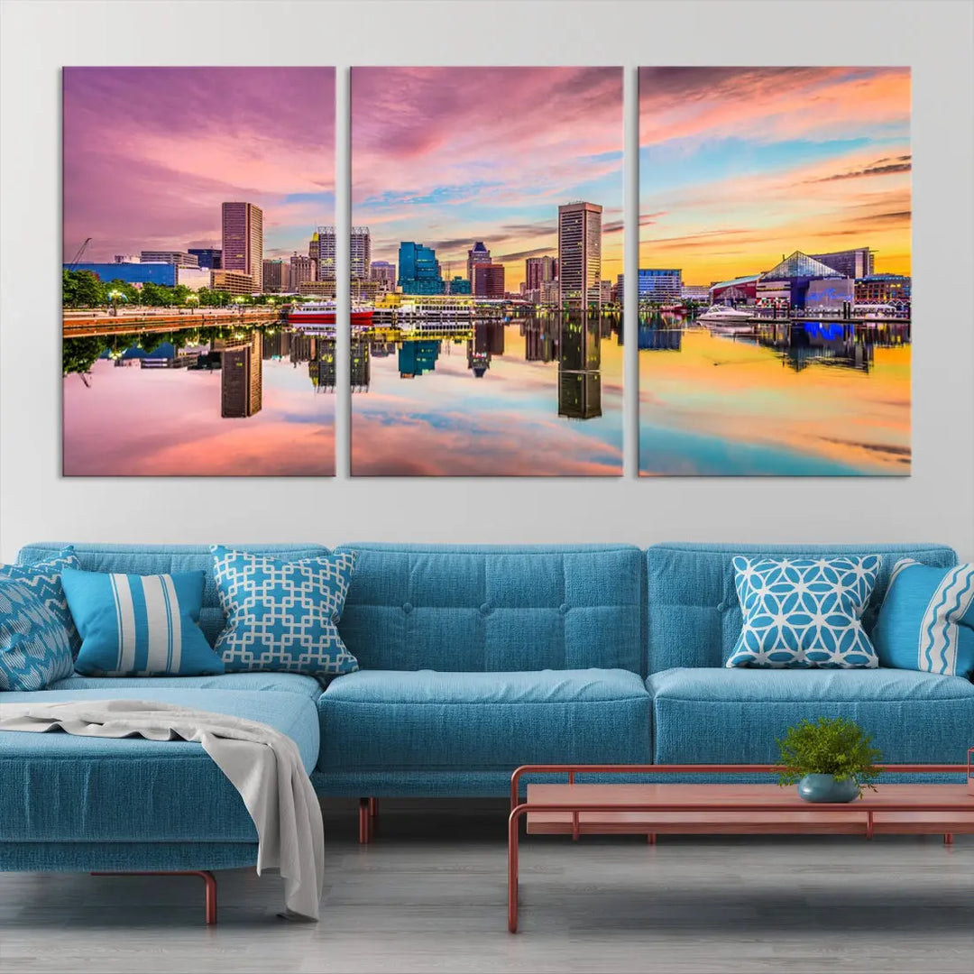 Pink Sunset over Baltimore Downtown Skyline Wall Art Print Canvas Decor