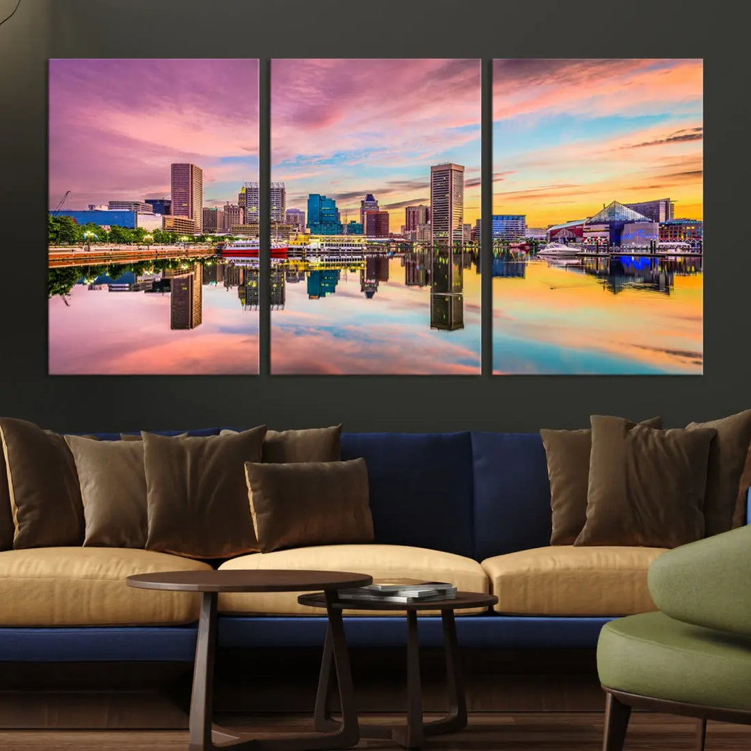 Pink Sunset over Baltimore Downtown Skyline Wall Art Print Canvas Decor