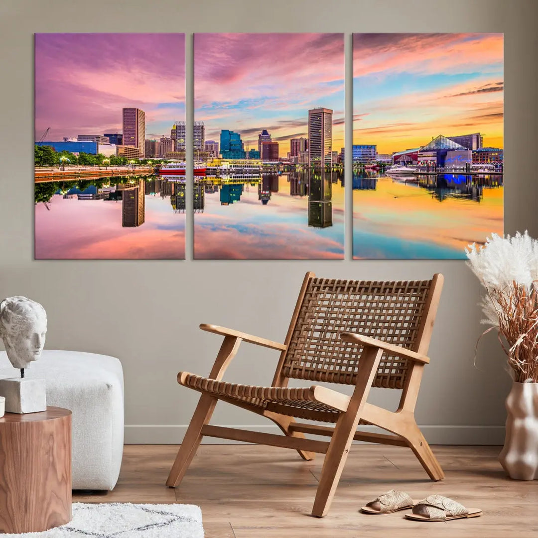 Pink Sunset over Baltimore Downtown Skyline Wall Art Print Canvas Decor