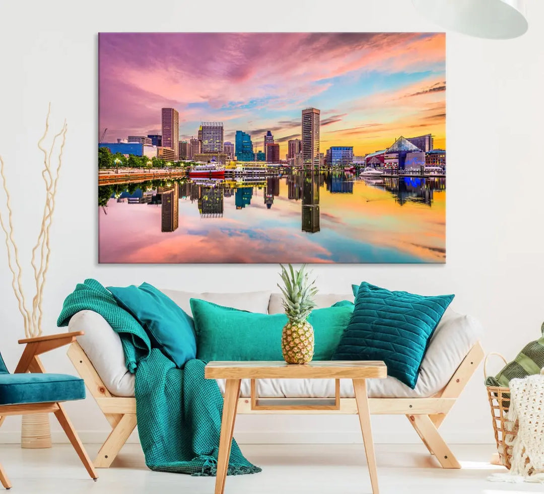 Pink Sunset over Baltimore Downtown Skyline Wall Art Print Canvas Decor