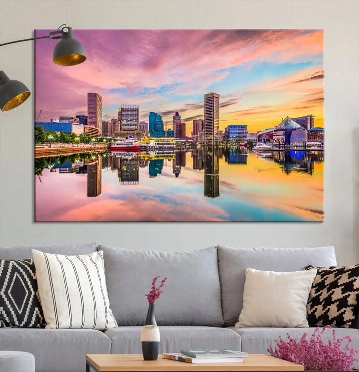 Pink Sunset over Baltimore Downtown Skyline Wall Art Print Canvas Decor