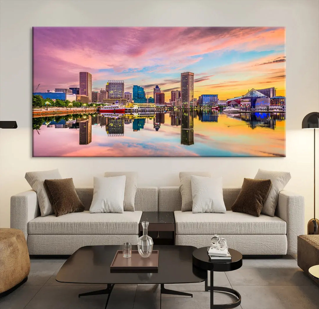 Pink Sunset over Baltimore Downtown Skyline Wall Art Print Canvas Decor