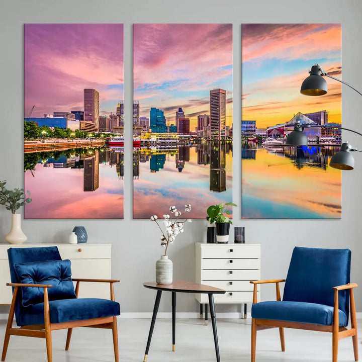 Pink Sunset over Baltimore Downtown Skyline Wall Art Print Canvas Decor