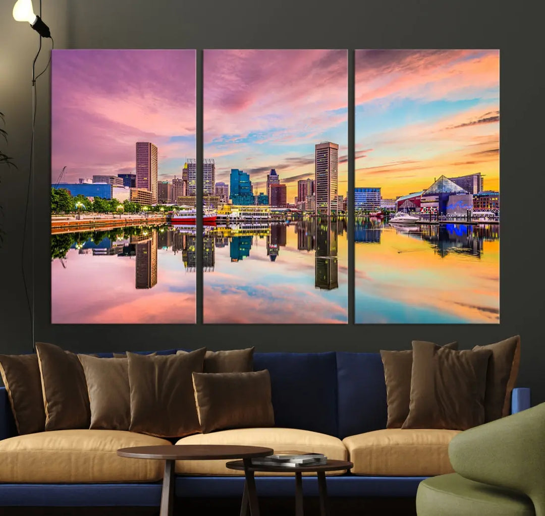 Pink Sunset over Baltimore Downtown Skyline Wall Art Print Canvas Decor